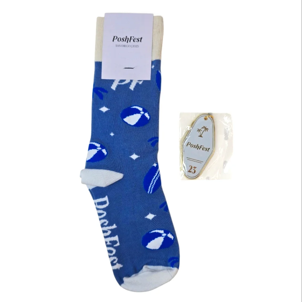 PoshFest 2023 Unisex Cotton‎ Crew Socks & Metal Keychain Blue Y2K Beach Casual